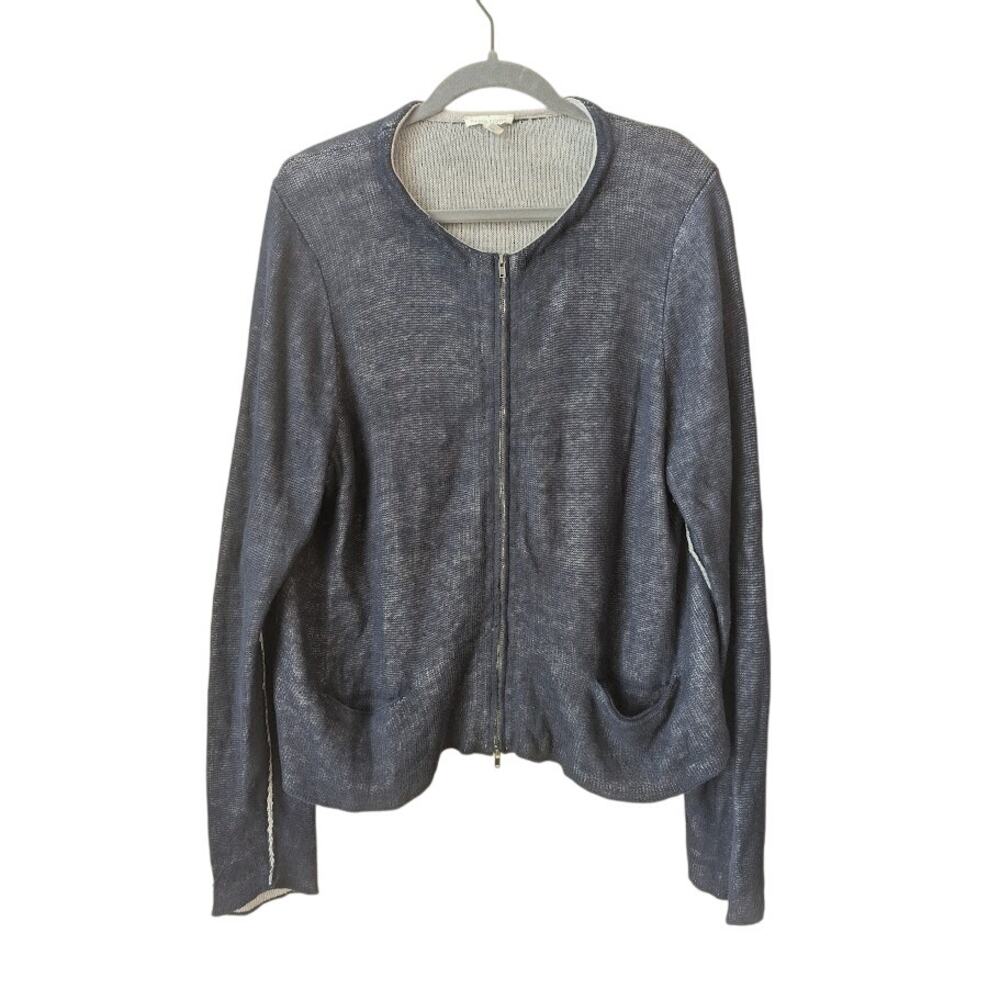 EILEEN FISHER Sweater XL Organic Linen Blend Double Layer Cardigan Full Zip Blue